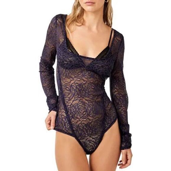 Free People Tops - Free People Black Blue Sheer Lace Long Sleeve Bodysuit S